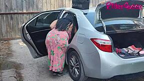 Step-mom the MILF seduces her step-son in the car outside
