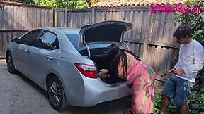 Step-mom the MILF seduces her step-son in the car outside