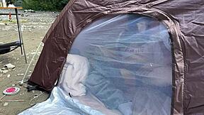 Japanese Brunette Babe Gives Outdoor Blowjob in Tent at Camp