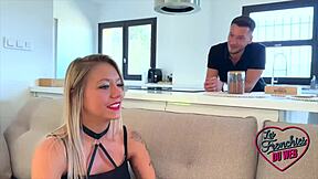 Ashley, a blonde beauty, wears high heels while she has sex with two men