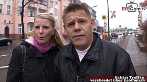 German housewife and hubby invited to public sex casting