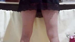 Slutty redhead flashes her ass at work in lingerie