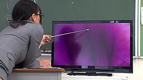 skinny japanese teacher seduces for double creampie in classroom, oops!