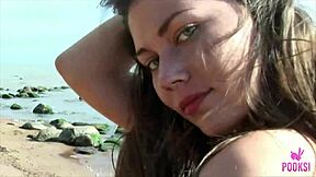 Skinny brunette gets banged hard on the beach