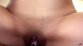Petite Japanese teen gets double creampie in taboo threesome