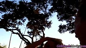 Beautiful girl with small bosom makes lesbian porn video in POV style