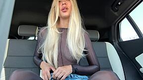 Public pussy fun in tight clothing results in a squirt