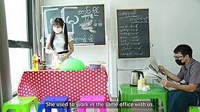 Pretty Asian girl gets orgasm in her own store