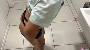 Hot and steamy bathroom scene in school with a Latina babe