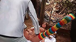 A young and sexy Latina woman has outdoor sex with her toy girlfriend