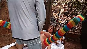A young and sexy Latina woman has outdoor sex with her toy girlfriend