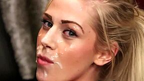 Bimbo gets a facial with a cum shower and swallow