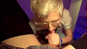 A homemade video of a blonde amateur giving a ball licking and a handjob with cum finale