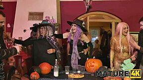 Old and young couples play hide and seek and have sex in costumes