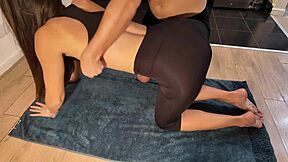 Stepson's big cock slips out during oiled up massage