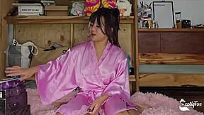Asian teen's wild solo session with dragon thrusting dildo
