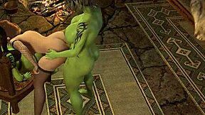 Beautiful shemale elf in a threesome with big tits and anal sex with orks