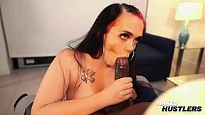 A beautiful chubby girl enjoys a big black cock in a deep throat manner and other positions