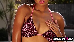 glamorous ebony noelle monique strips bare by the pool. her natural curves shine outdoors.