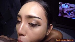 Busty Asian ladyboy Amy fucked bareback in her ass