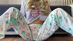 Petite school girl in pajamas indulges in personal pleasure