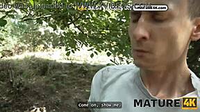 Steaming brunette MILF romps in nature with stud