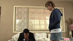 Tranny babysitter Amy Daly comforts with steamy anal action. Things heat up quick after a sad moment.