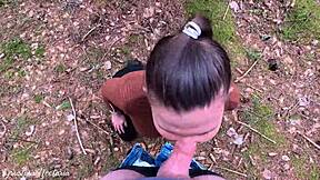 Real Russian Couple Captures Unexpected POV Blowjob in Wood with Natural Brunette Tits