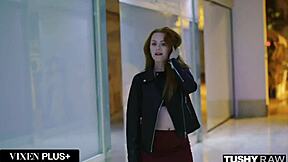Busty redhead Ella Hughes takes two cocks in ass