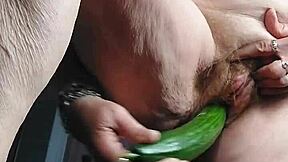 A mature woman with a cucumber cruises an old hairy pussy