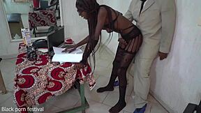 African secretary strips for boss, revealing skinny body in office costume mishap