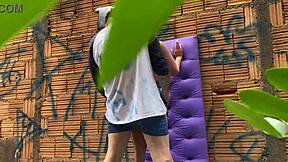 Socano shoves hand in young Latina stepdaughter's ass with toy outdoors.