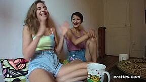 Hey, watch Ersties Yumi finger her friend's hairy pussy real deep! 😍