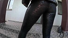 a slutty housewife gets cum all over her shiny jacket outside