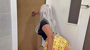 Milf Sucks Massive Cock Through Gloryhole with Passion