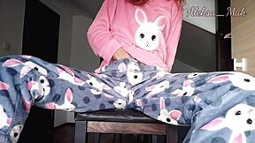 Horny teen stepdaughter in pajamas teases with small boobs and wet pussy