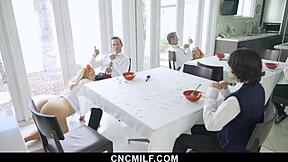 Thick Stepmom Lets Petite Stepson USE HER During Chores.