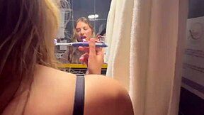 My stepmom says no, but her wet vagina screams yes in the bathroom mirror!