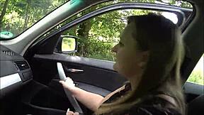 Blonde curvy teen gets deepthroat and creampie in outdoor car POV.