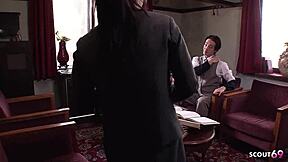 japanese teen secretary with glasses seduces old ugly guy to suck his fat cock