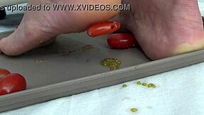 I trample tomatoes with my feet for a fun kitchen experiment at home