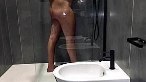 Stepmom spies on stepson in steamy shower with intense rubbing