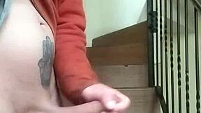 I jerk off on apartment stairs while my neighbor chats in the garage.