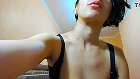 hot brunette in bra teases with big tits before walking naked 😍