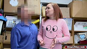 teen shoplifter gets down to suck officer's cock in back office drama