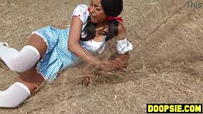 Big Ass Ebony Thief Caught and Drilled by Two Huge Tranny Cocks