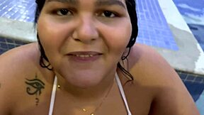 Novinha Maria BBW First Time Sucks Cock Hidden by Poolside