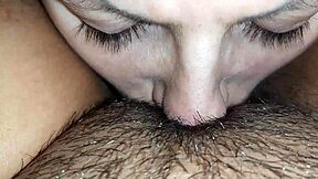 Wow, check this hairy lesbian pussy eating up close! 😍