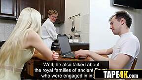 Stepsis Sucks Stepbro’s Small Dick Under the Table While Mom Preaches Morals in the Room.