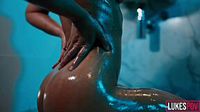 Big Boobs Fitness Model Gets Oiled Up and Covered in Sticky Cum. Her Petite Frame Shines with Every Drop.